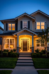 Luxury Dream Home at Night: Captivating Exterior, Exquisite Architecture, and Serene Landscaping. A perfect blend of modern design and comfortable living.