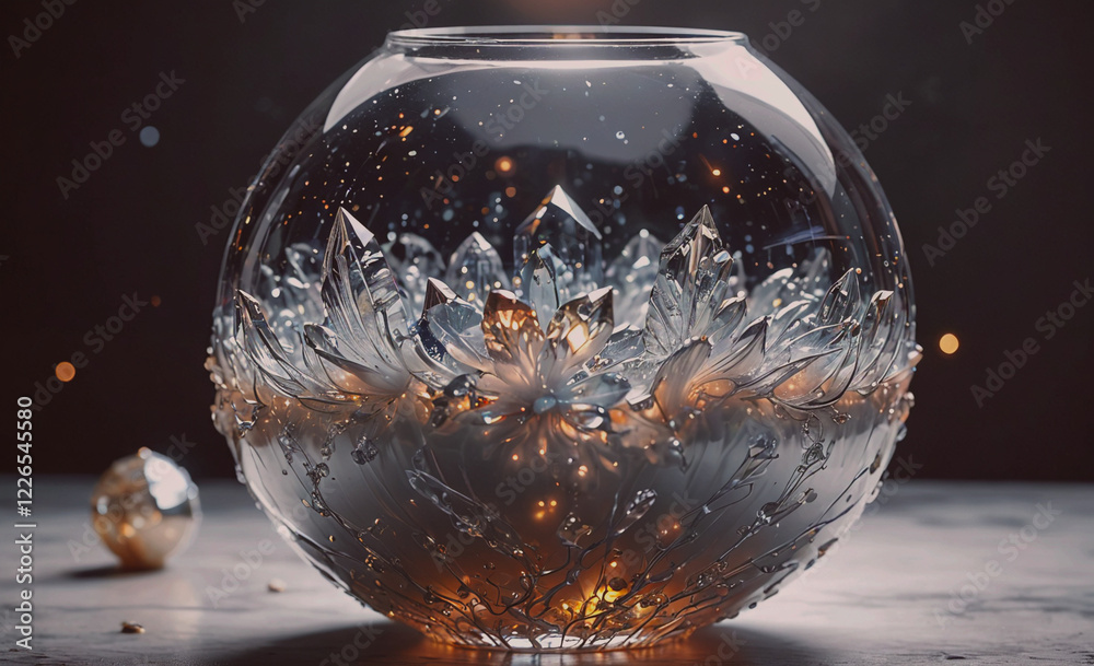 Aufkleber a glass vase with a flower design is lit up with a warm glow. the vase is placed on a table next to 