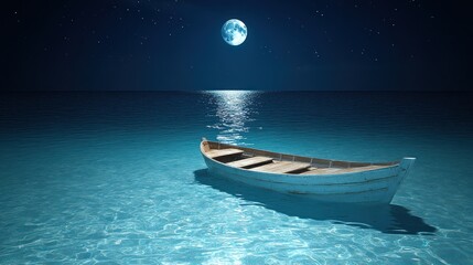 Moonlit Ocean Boat at Night, Calm Waters, Starry Sky, Tranquil Scene