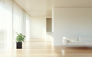 Obraz premium Modern interior design features bright space with minimalist furniture and greenery