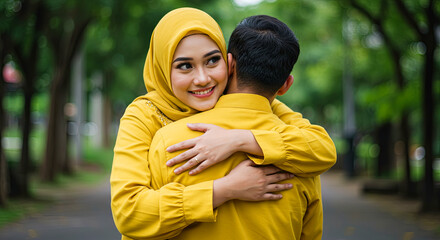 Fototapeta premium Joyful Muslim Asian Woman in Hijab Hugging Her Husband Romantically from Behind