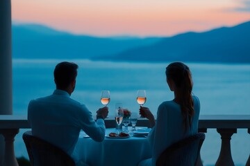 Valentine, classic and wife: Romantic dining setup on a vintage balcony overlooking the sea, couple’s silhouette toasting with wine glasses.