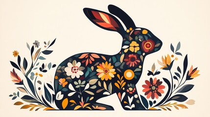 Floral patterned rabbit illustration art studio digital artwork colorful side view nature concept