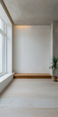 Modern minimalist interior with natural light and plant in urban setting
