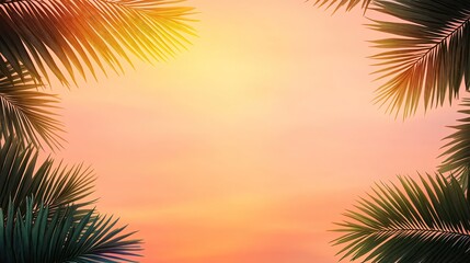 Serene sunset with palm leaves framing sky.