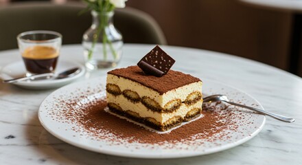A classic tiramisu dessert dusted with cocoa powder, topped with a chocolate piece, served on a marble table alongside a cup of espresso in a cozy café setting.