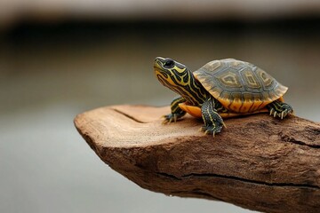 Obraz premium A vibrant turtle perched on a wooden log above calm waters, basking in the sunlight