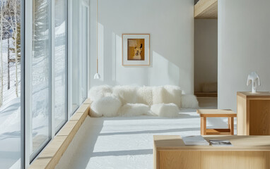 Cozy winter living room with large windows and soft furnishings in a snowy landscape setting