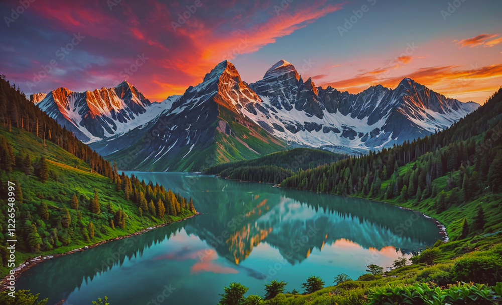Aufkleber a beautiful mountain range with a lake in the foreground. the sky is a mix of orange and pink hues, 