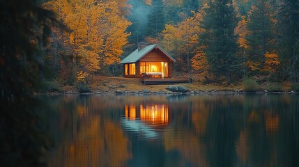 Obraz premium Autumn reflections at a serene lakeside cabin nature gigapixel cgi