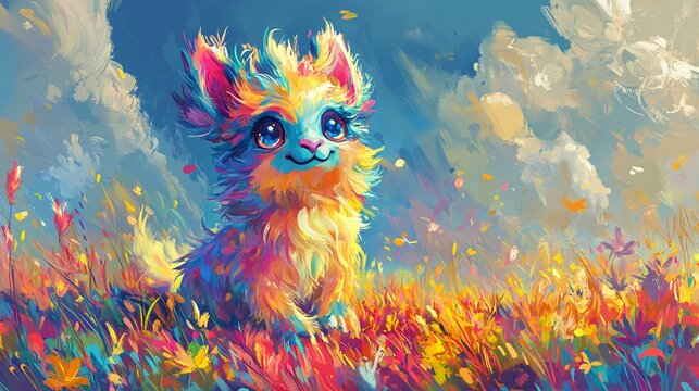A vector illustration of a cheerful chimera with pastel fur, playing in a vibrant meadow.