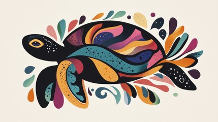 Colorful abstract turtle artwork underwater scene graphic design artistic environment side view