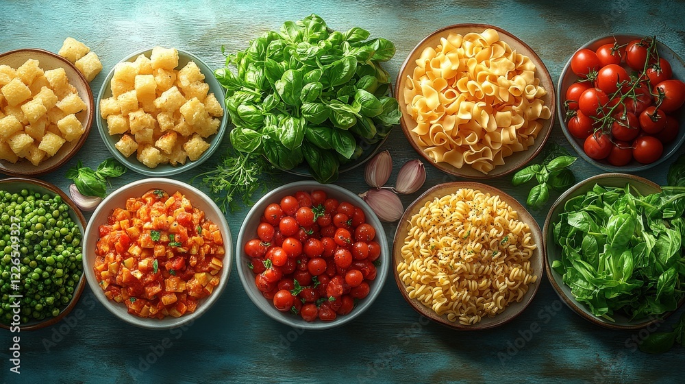 Wall mural Colorful assortment of fresh vegetables and pasta arranged in bowls on a rustic table setting