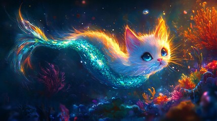 A vector illustration of a playful mermaid cat with a glowing tail, swimming through an enchanted reef.