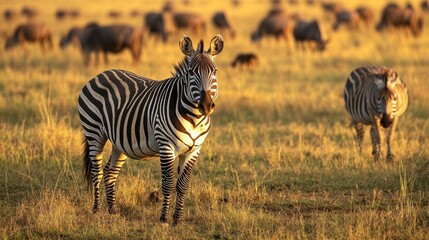 Obraz premium Zebra stands in tall grass with other animals in blurred background at golden hour