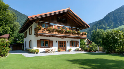 Alpine chalet, mountain view, garden, sunny day, real estate