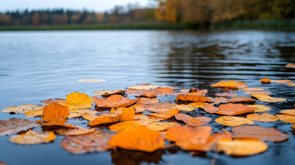 Autumn leaves float on calm lake, forest background; nature scene for website or calendar