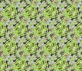 Texture of nature. Lake, lily flowers. Travel, tourism. Mosaic. Seamless pattern for textile, cotton fabric. For wallpaper, covers, shirts, linens. Web page background. Endless pattern for packaging.