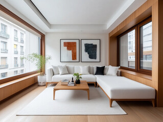 Modern living room with large windows and cozy design