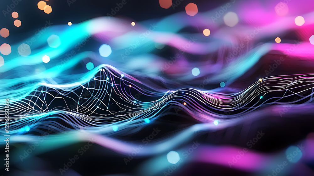 Poster dynamic wave patterns digital art abstract visualization colorful environment close-up view modern c