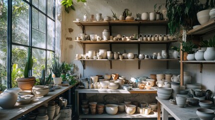 A cozy ceramics studio with shelves displaying handmade pottery in various stages of completion.