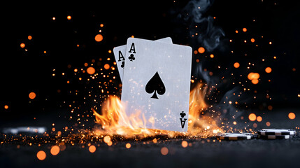 Burning poker aces on dark background, sparks and smoke, casino game concept