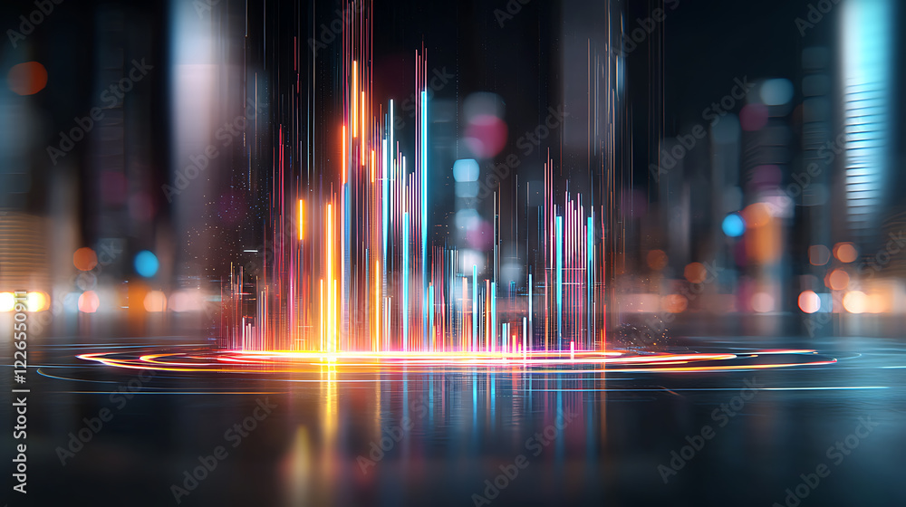 Poster dynamic data visualization displaying colorful wave patterns in a futuristic cityscape environment