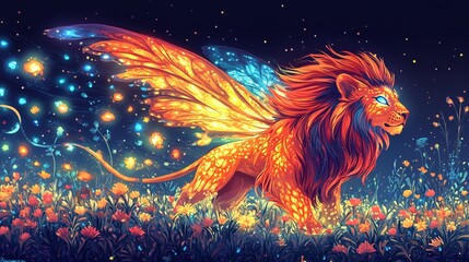 A vector illustration of a playful dragonfly lion with glowing wings, flying through a vibrant meadow.