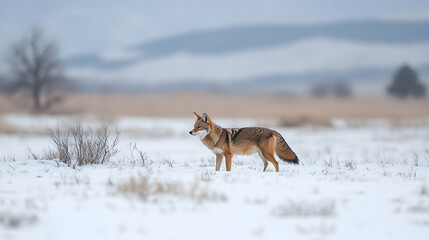 Fototapeta premium Coyote in snowy field, winter landscape, wildlife photography, nature background