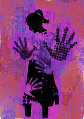 Stop violence against women, victim of sexual violence. Grunge stylized young woman silhuette with arms in defensive position and hand prints on the body.