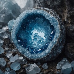 A hollow geode filled with ethereal, misty blue crystals.