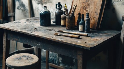Fototapeta premium A rustic table filled with wood stain bottles, brushes, and a nearly completed handmade stool.
