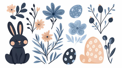 Easter bunny, flowers, eggs design elements.  Perfect for spring cards, websites, and prints
