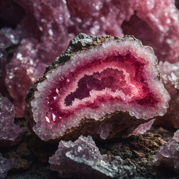 A glowing pink geode with delicate, translucent layers.