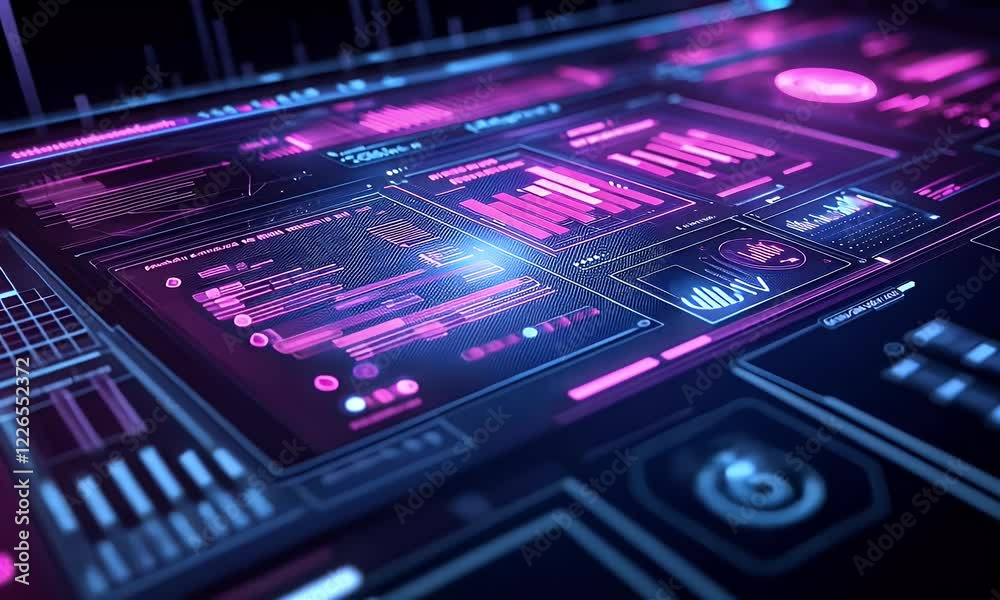 Poster futuristic data dashboard display, glowing interface, night, analysis