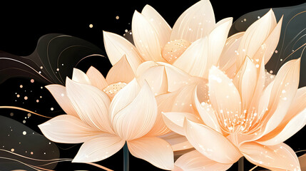 Elegant peach lotuses, dark background,  serene ambiance, perfect for spa or wellness