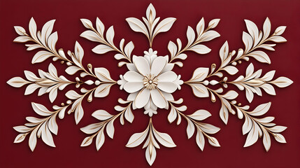 Elegant white floral ornament on red background; decorative wall art, home decor