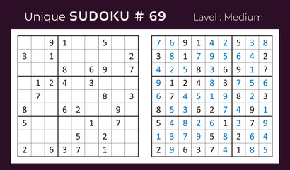 Vector sudoku puzzle with answer. Sudoku, number puzzle game with numbers for kids and adults.