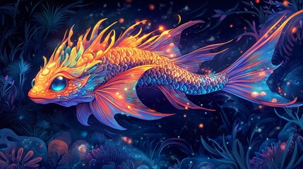 Fototapeta premium A vector illustration of a glowing dragon fish with vibrant fins, swimming in an enchanted river.