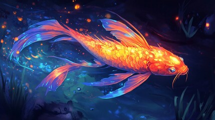 A vector illustration of a glowing dragon fish with vibrant fins, swimming in an enchanted river.