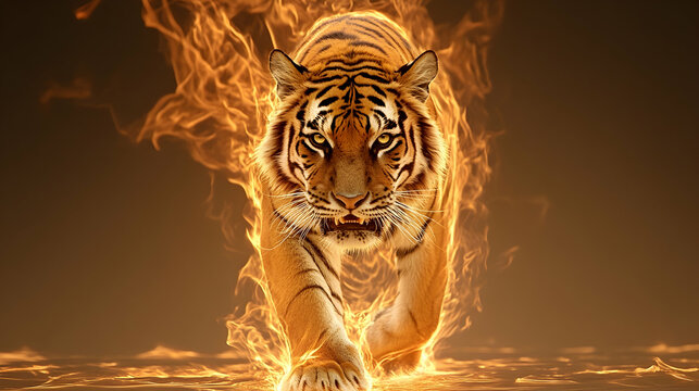 Fiery tiger walking forward, dark background, flames engulfing its body. Use Power, strength, energy concept