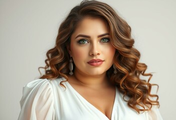 Naklejka premium Beautiful chubby woman with long curly brown hair and bright green eyes