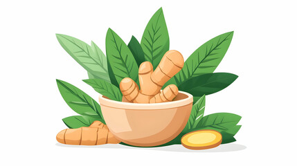 Fresh turmeric roots in bowl with leaves; healthy food ingredient; white background; for recipe websites or health blogs