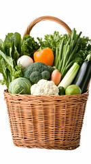 Fresh vegetables and egg in wicker basket; healthy eating concept; white background; food photography
