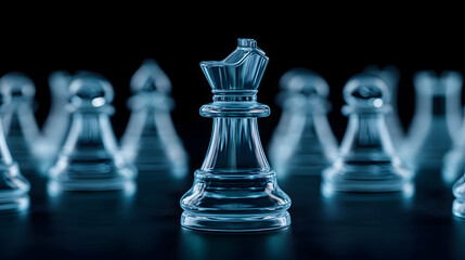Glass chess queen leads others; dark background; strategic leadership concept; business illustration