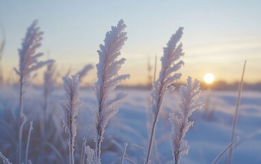 Fototapeta premium Frosty winter sunrise with ice-covered plants.