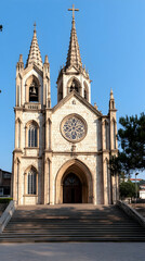 Obraz premium Gothic cathedral steps sunny day clear sky architectural detail travel tourism