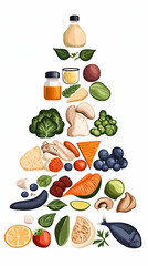Healthy food pyramid guide, illustrating balanced diet with various fruits, vegetables, proteins, and healthy fats