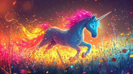 Obraz premium A vector illustration of a whimsical candy unicorn with glowing colors, playing in a sugary meadow.