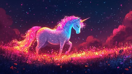 Obraz premium A vector illustration of a whimsical candy unicorn with glowing colors, playing in a sugary meadow.